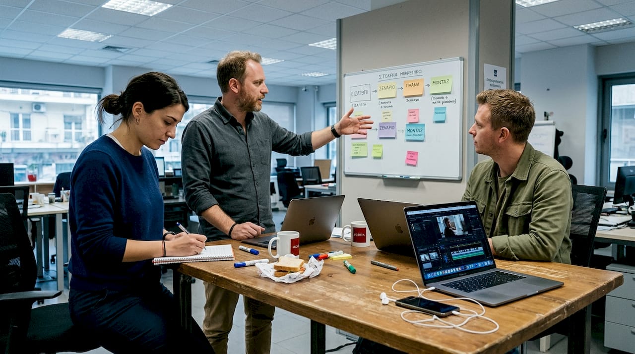 Η ομάδα οργανώνει τη στρατηγική της για τα βίντεο, συζητώντας ιδέες και σχεδιάζοντας τα επόμενα βήματα.