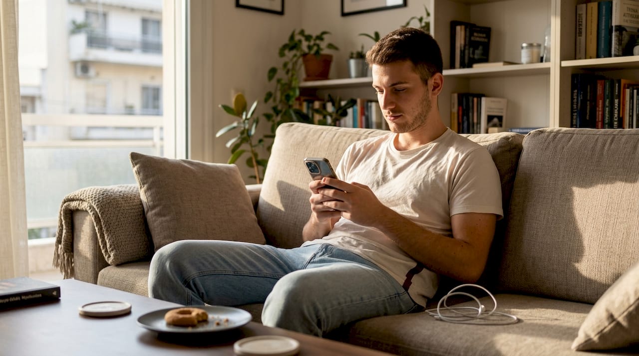 Ένας άντρας κάθεται στο σαλόνι και χαζεύει βίντεο στο κινητό του.