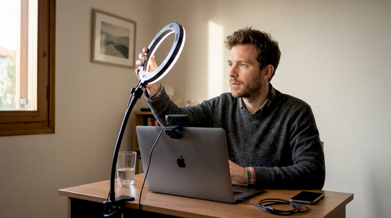 Ένας άνδρας ρυθμίζει τον φωτισμό στο σπίτι του για να πετύχει το καλύτερο αποτέλεσμα στη βιντεοσκόπηση.