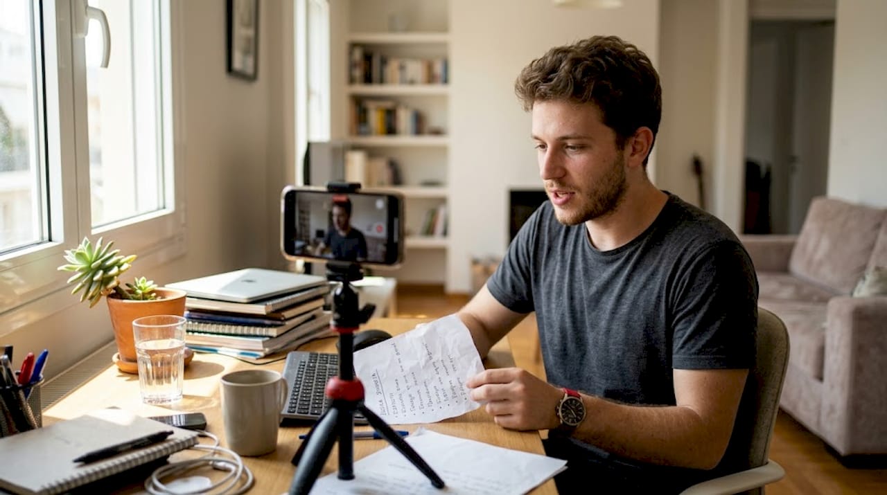 Ένας νεαρός κάθεται στο γραφείο του και τραβάει ένα σύντομο βίντεο με το κινητό του.