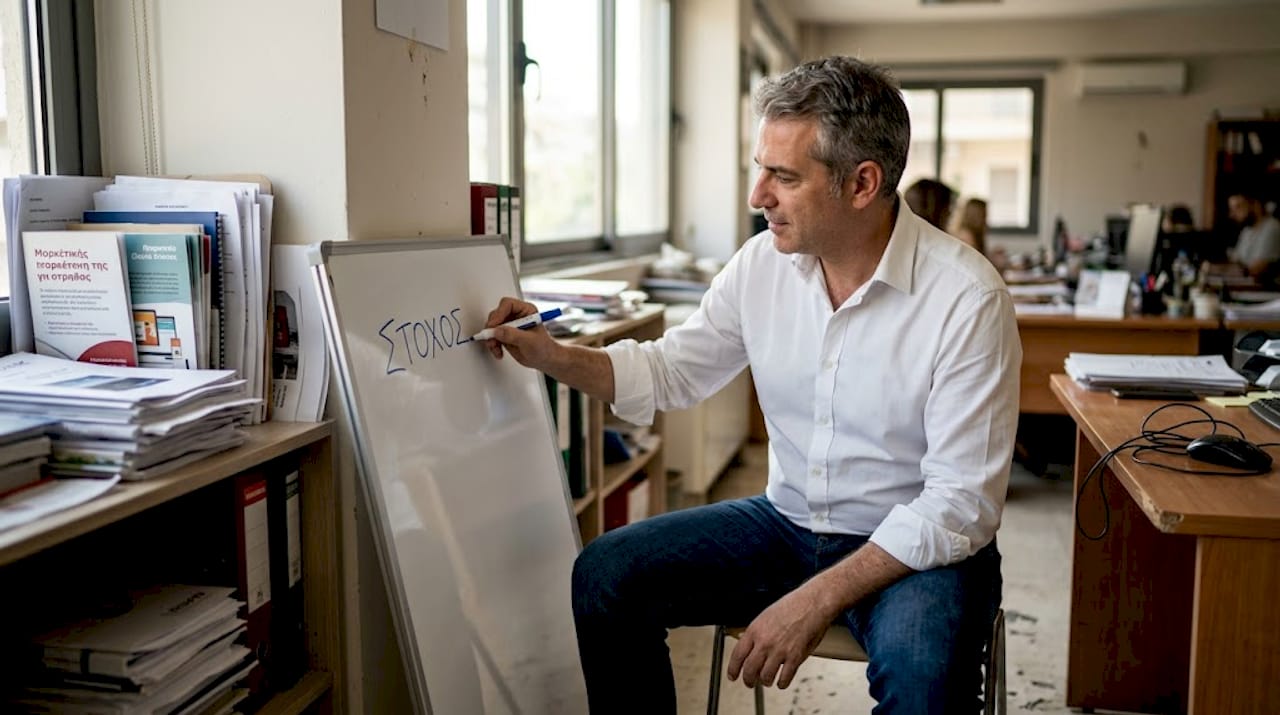 Ένας άνδρας σημειώνει τον στόχο της καμπάνιας μάρκετινγκ στον πίνακα, οργανώνοντας τα επόμενα βήματα για την επιχείρηση.