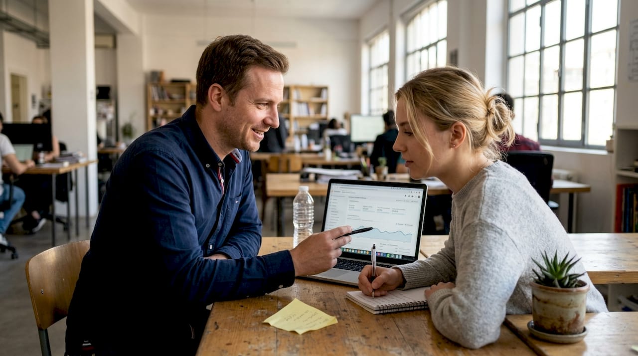Συνάδελφοι συζητούν πώς θα κάνουν το κάλεσμα στην ιστοσελίδα πιο αποτελεσματικό.