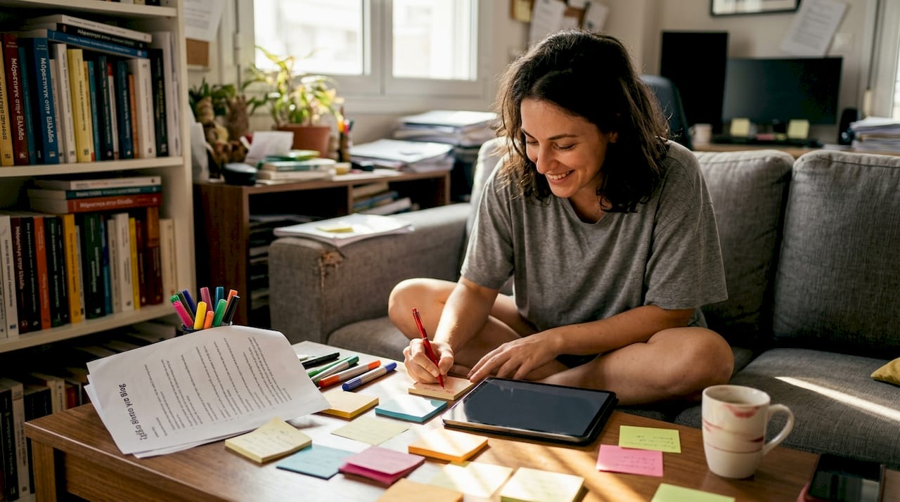 Μια γυναίκα κάθεται αναπαυτικά στον καναπέ της και σκέφτεται δημιουργικές ιδέες για τα επόμενα βίντεό της.