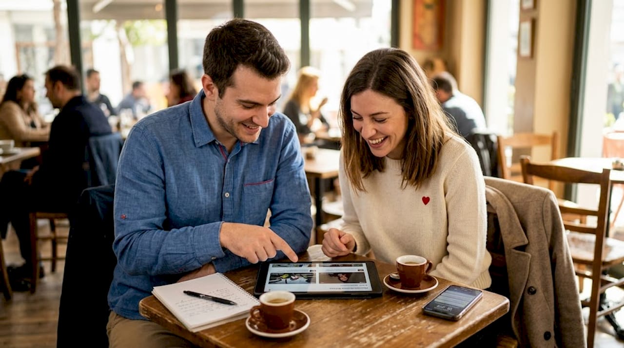 Συνάδελφοι έχουν μαζευτεί σε μια καφετέρια και παρακολουθούν βιντεάκια στο κινητό, σχολιάζοντας και γελώντας μεταξύ τους.