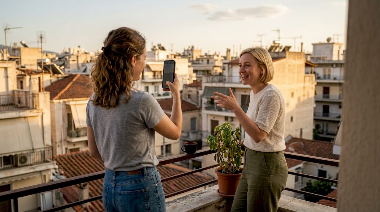 Παρέα φίλων γυρίζει σύντομα βίντεο στο μπαλκόνι της πόλης