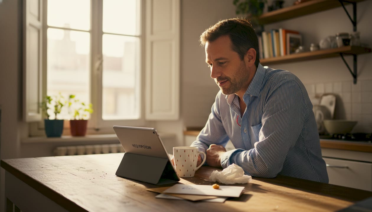 Ένας άνδρας παρακολουθεί βίντεο μάρκετινγκ ενώ κάθεται στον πάγκο της κουζίνας του.