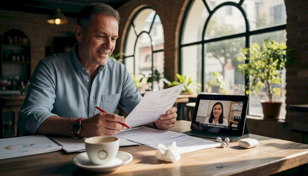 Ένας άνδρας κάθεται σε καφέ και διορθώνει το σενάριο για το βίντεό του.