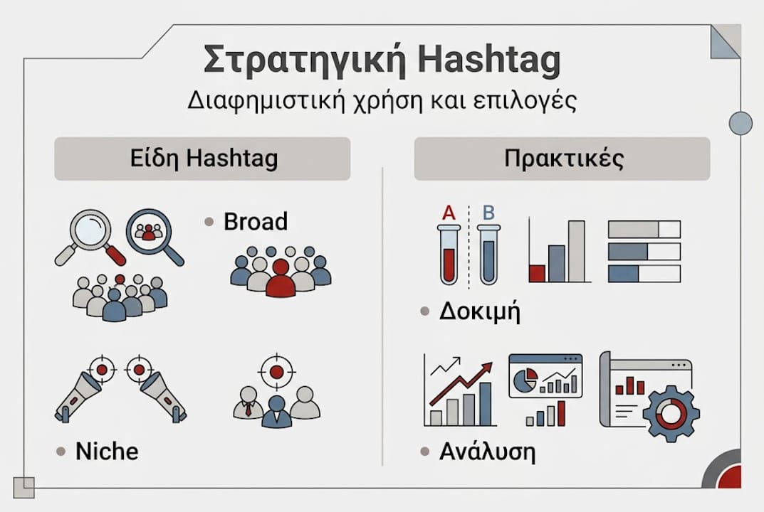 Διαδραστικό infographic που παρουσιάζει αποτελεσματικές στρατηγικές και πρακτικές χρήσης hashtags στα social media
