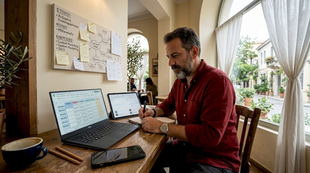 Ένας άνδρας αναλαμβάνει τον σχεδιασμό του προγράμματος περιεχομένου για την εταιρεία, οργανώνοντας θεματικές ενότητες και ημερομηνίες δημοσίευσης ώστε να υπάρχει συνέπεια και στρατηγική στην επικοινωνία της επιχείρησης.