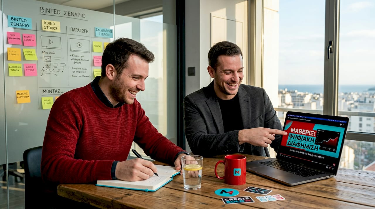 Συνάδελφοι συζητούν και οργανώνουν τη δομή ενός βίντεο κατά τη διάρκεια επαγγελματικής συνάντησης στο γραφείο.