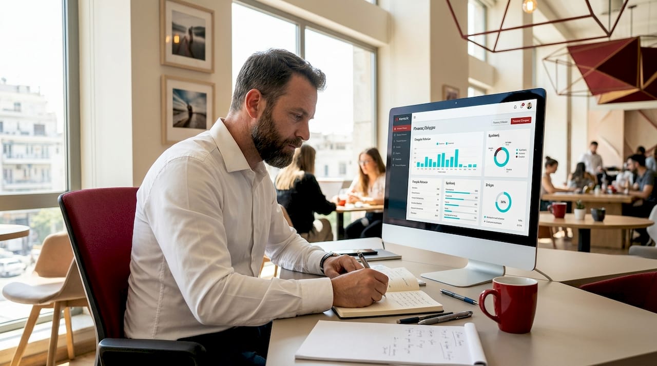 Ένας άνδρας εργάζεται σε γραφείο coworking και διαχειρίζεται τις επαφές του μέσα από ένα σύστημα CRM.
