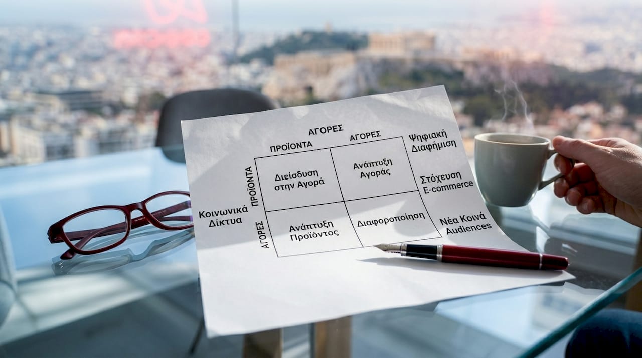 Ένα εκτυπωμένο διάγραμμα του Ansoff βρίσκεται πάνω στο τραπέζι.