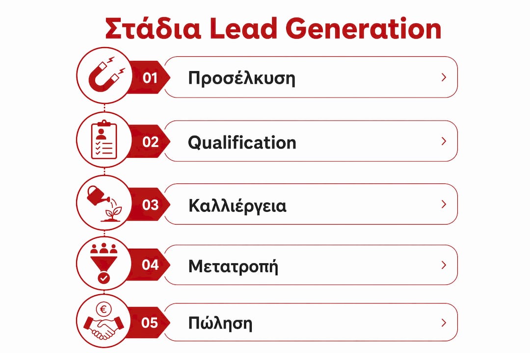 Εικονογραφημένη παρουσίαση των βασικών σταδίων προσέλκυσης και διαχείρισης υποψήφιων πελατών