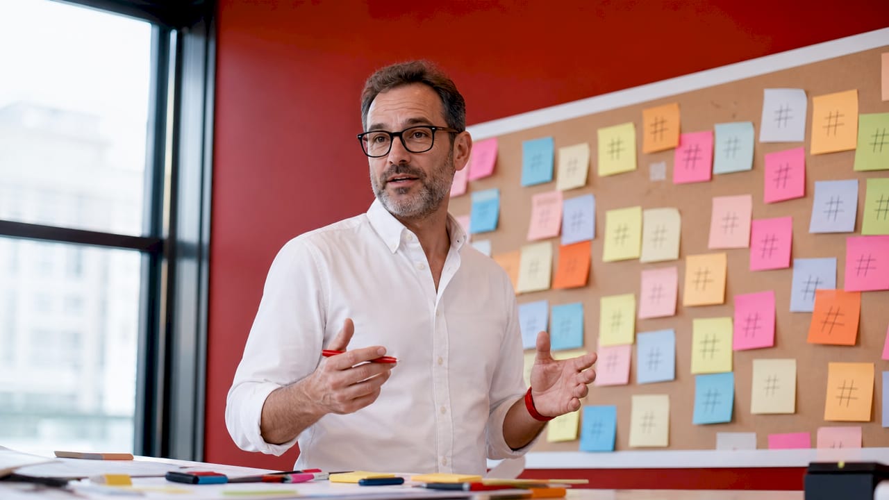 Άνδρας ετοιμάζει παρουσίαση για workshop σχετικά με τη δημιουργία επιτυχημένων hashtags για brands.