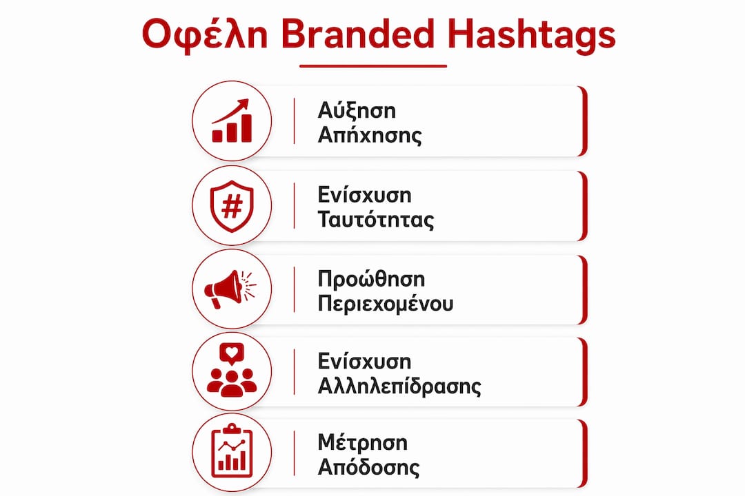 Διαδραστικό γράφημα που παρουσιάζει τα βασικά οφέλη της χρήσης branded hashtags