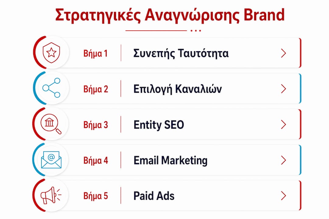 Εικονογραφημένη παρουσίαση των πέντε βασικών σταδίων για την αναγνωρισιμότητα ενός brand στα ελληνικά.