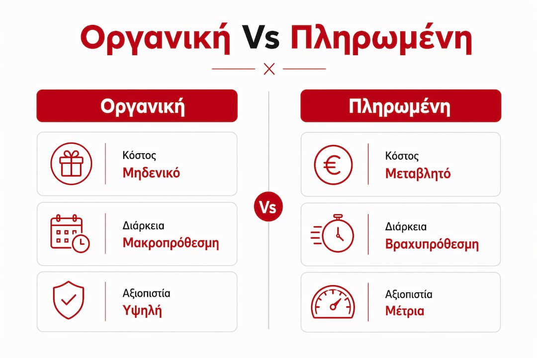 Γραφικό που παρουσιάζει με μια ματιά τις βασικές διαφορές μεταξύ οργανικής και πληρωμένης απήχησης