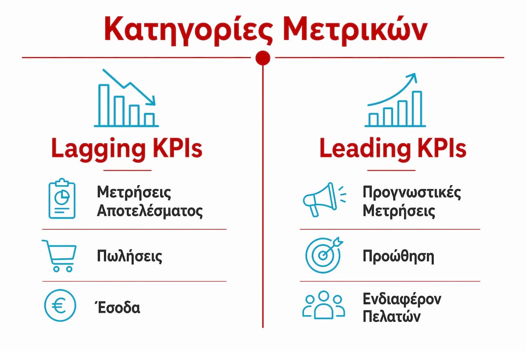 Εικονογραφημένος οδηγός με συγκριτικά στοιχεία ανάμεσα στις βασικές κατηγορίες KPIs: αυτά που αποτυπώνουν την επίδοση του παρελθόντος και εκείνα που προβλέπουν τις μελλοντικές τάσεις.