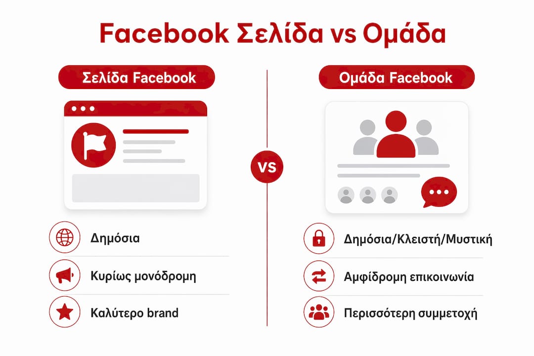 Γραφικό με σύγκριση δυνατοτήτων σελίδας και ομάδας στο Facebook