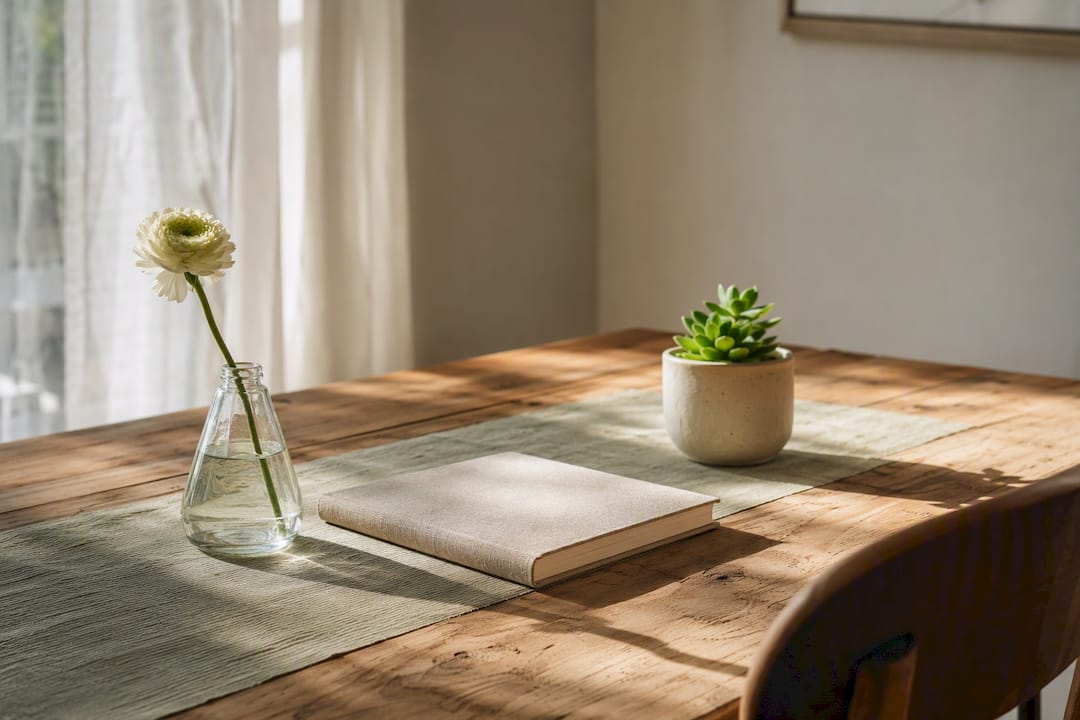 Calm minimalist workspace with diffuser and plant
