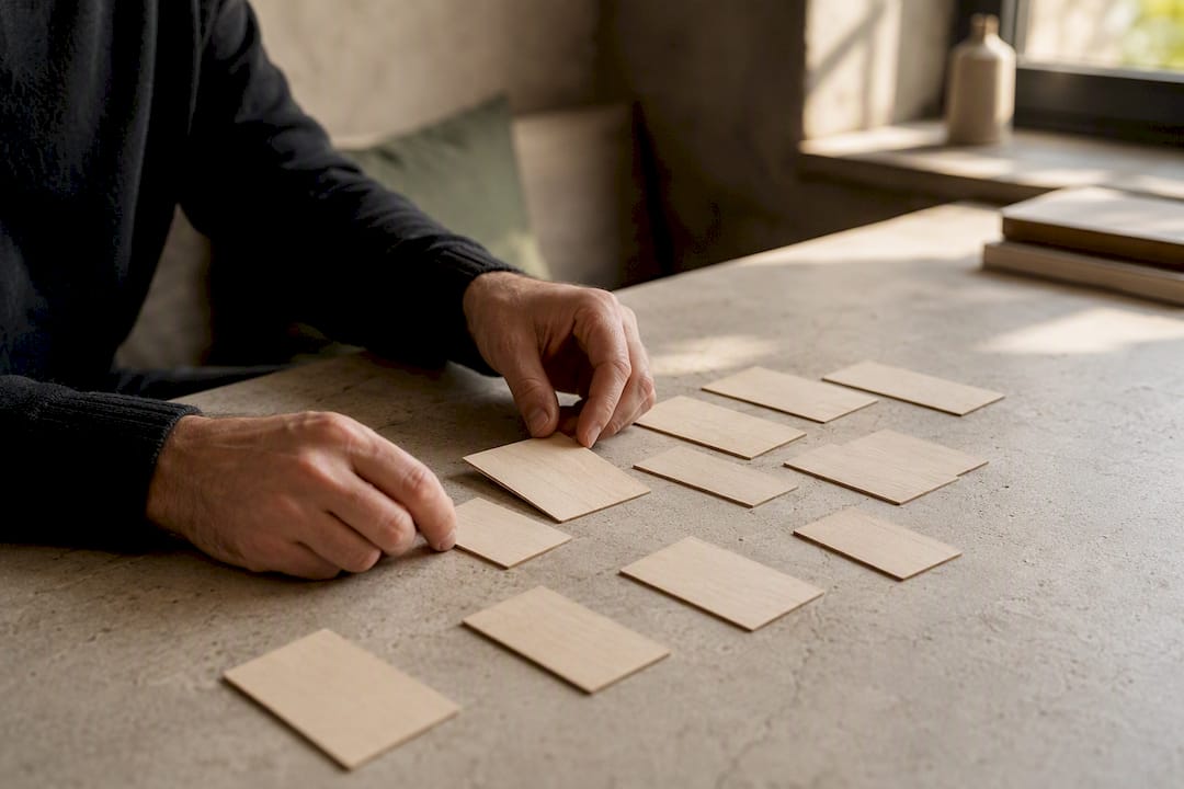 Hands adjusting blank meeting planner cards