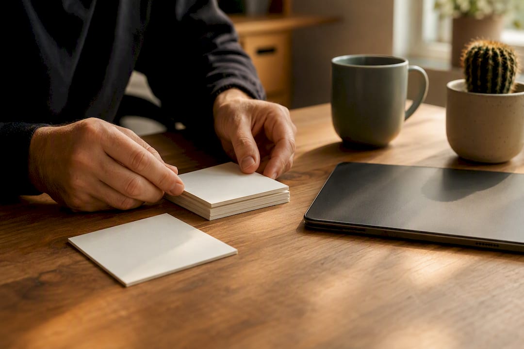 Hands arranging note cards on a wooden table