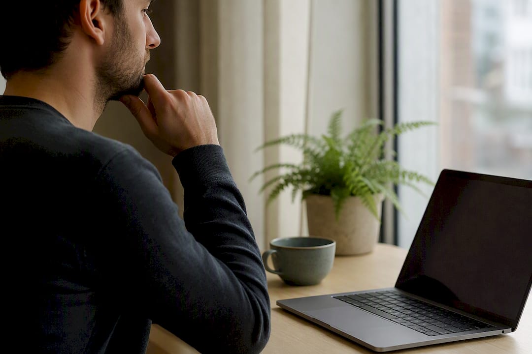 Hand signaling pause on dark desktop