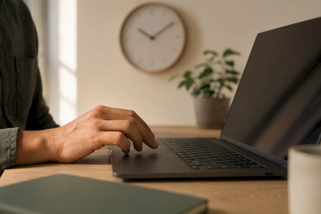 Hand adjusting laptop keyboard in workspace