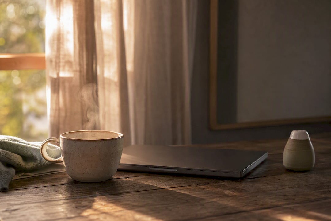 Evening coffee cup on desk at work shutdown