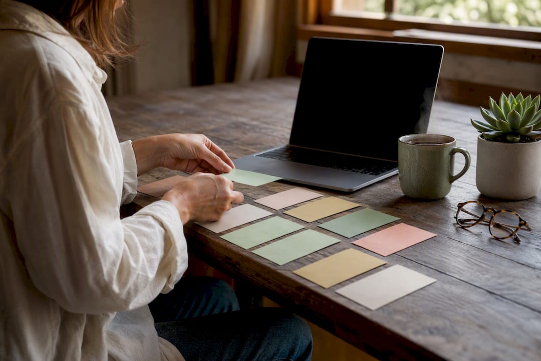 Hands arranging time-block cards on desk