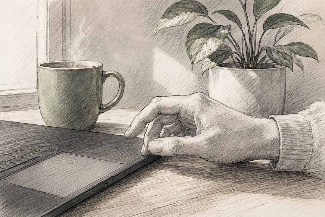 Hand reaching for mouse on warm desk with coffee