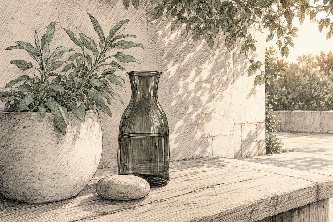 Shared workspace corner with plant and carafe