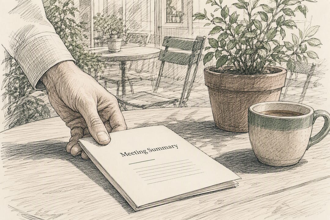 Hand placing a meeting summary paper on desk