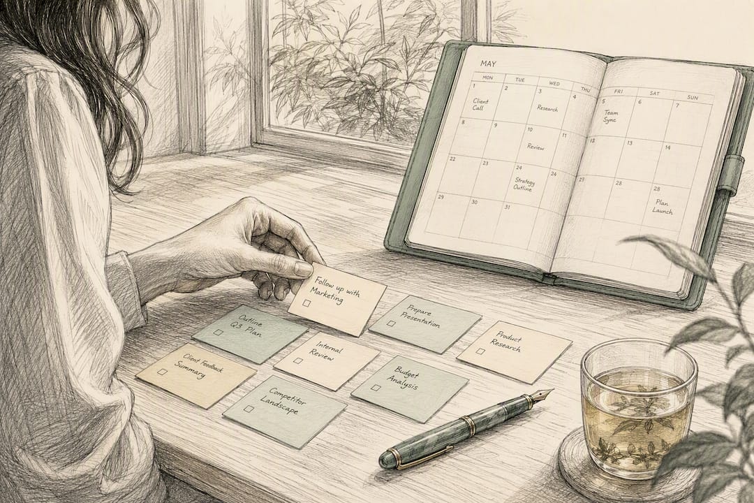 Hands sorting task cards on desk with calendar