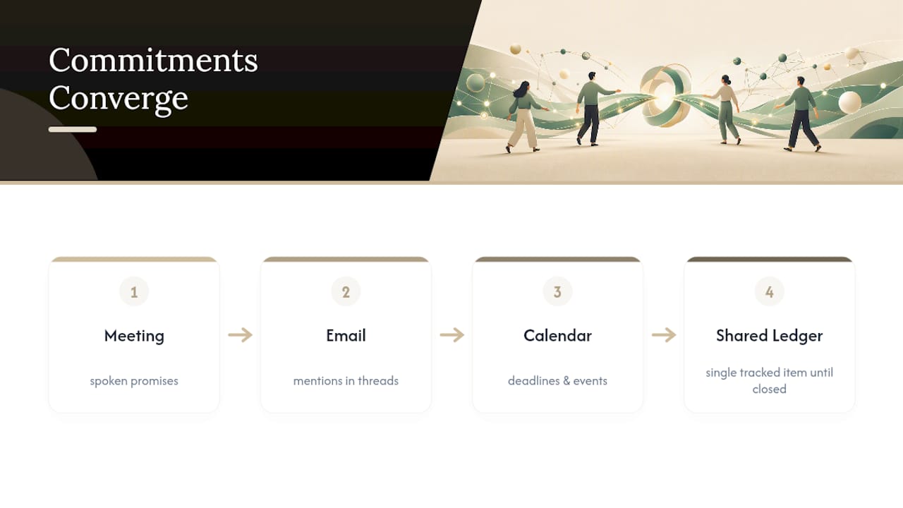 Meeting, email, and calendar feeding one commitment ledger