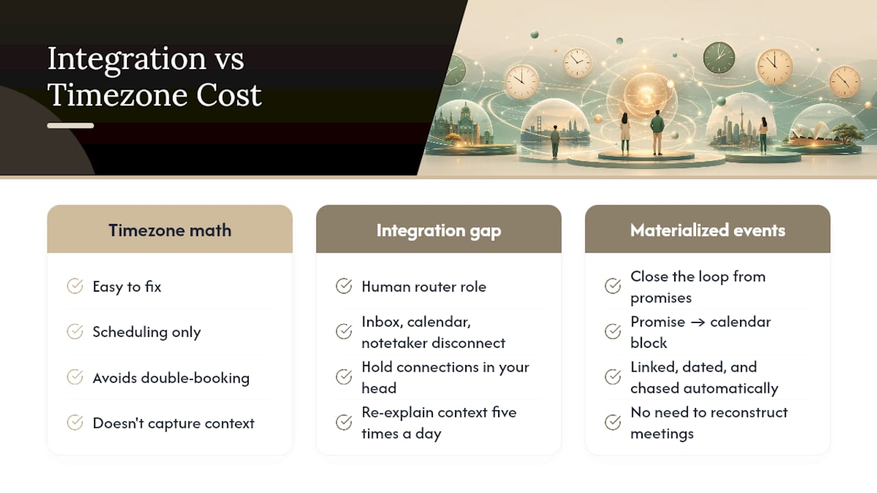 Why the Integration Gap Is the Real Cost, Not the Time Zone Math — overview diagram