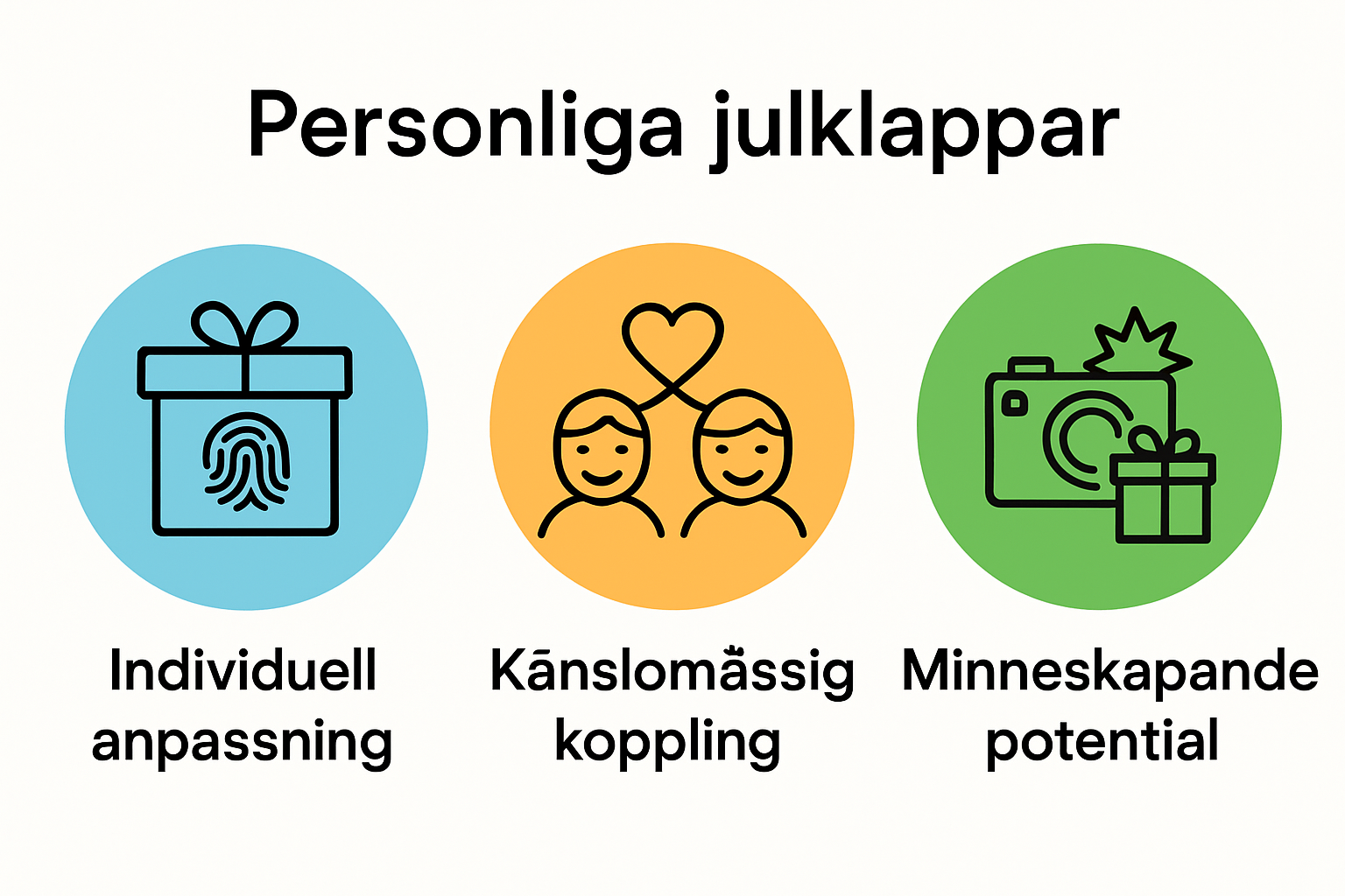 Tre nyckelkomponenter av personliga julklappar visade med enkla ikoner