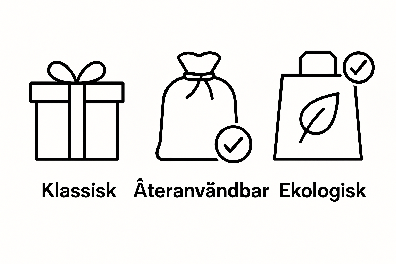 Three present packaging icons showing classic box, reusable bag, and eco bag
