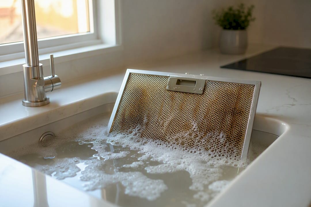 Range hood filter soaking in degreaser solution