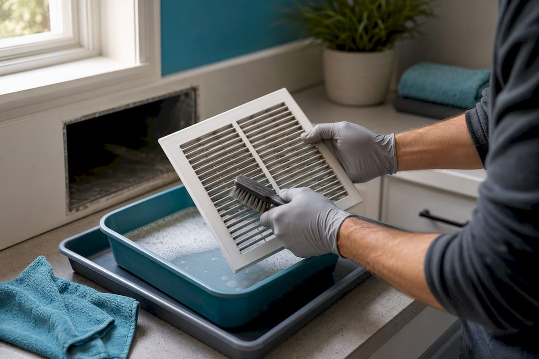 Gloved hands cleaning a detached AC vent cover