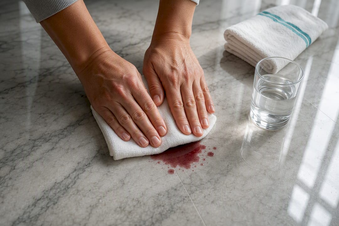 Hands blotting wine spill from marble