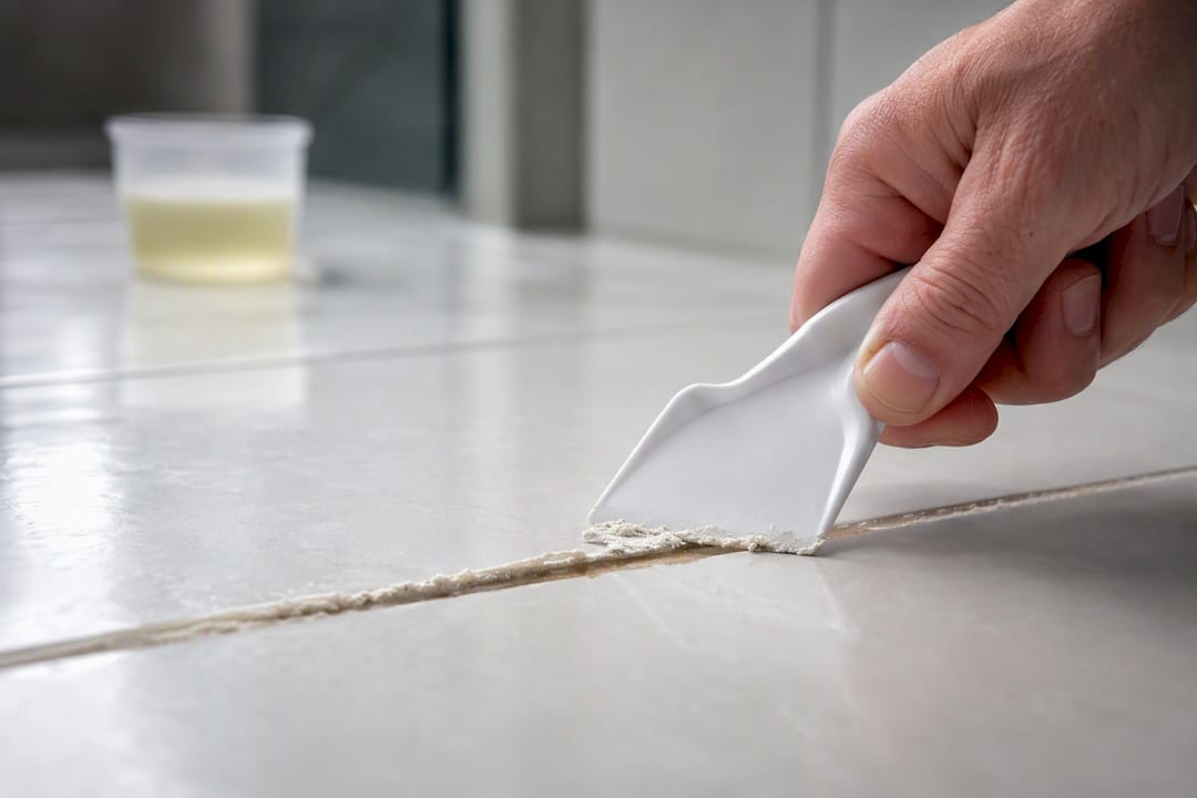 Plastic scraper removing limescale from grout