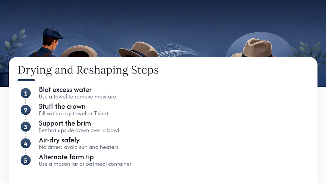 Steps for drying and reshaping a hat