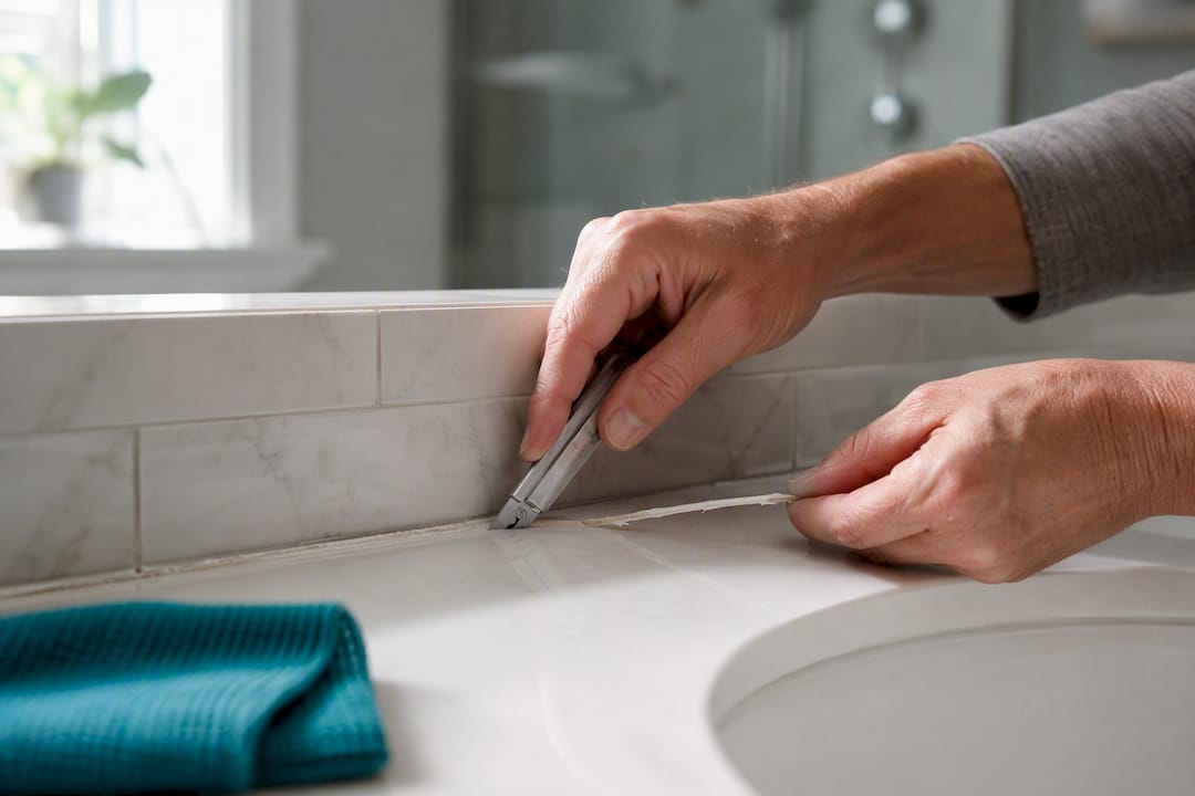 Hands removing old bathroom caulk