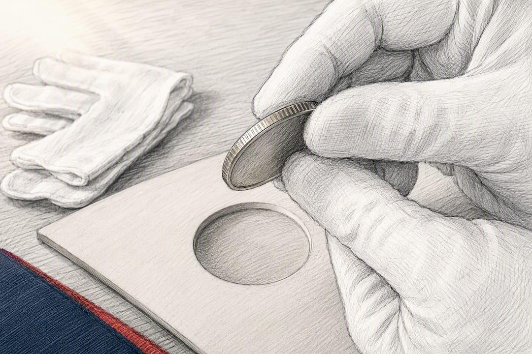Gloved hands handling a challenge coin edge