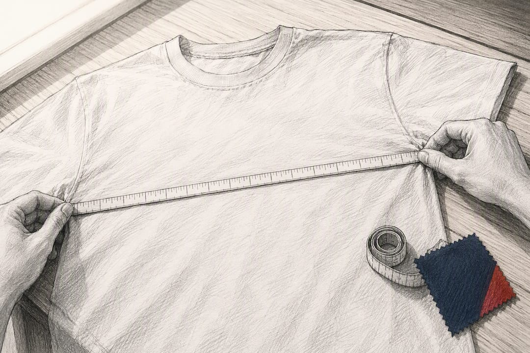 Hands measuring a flat cotton shirt