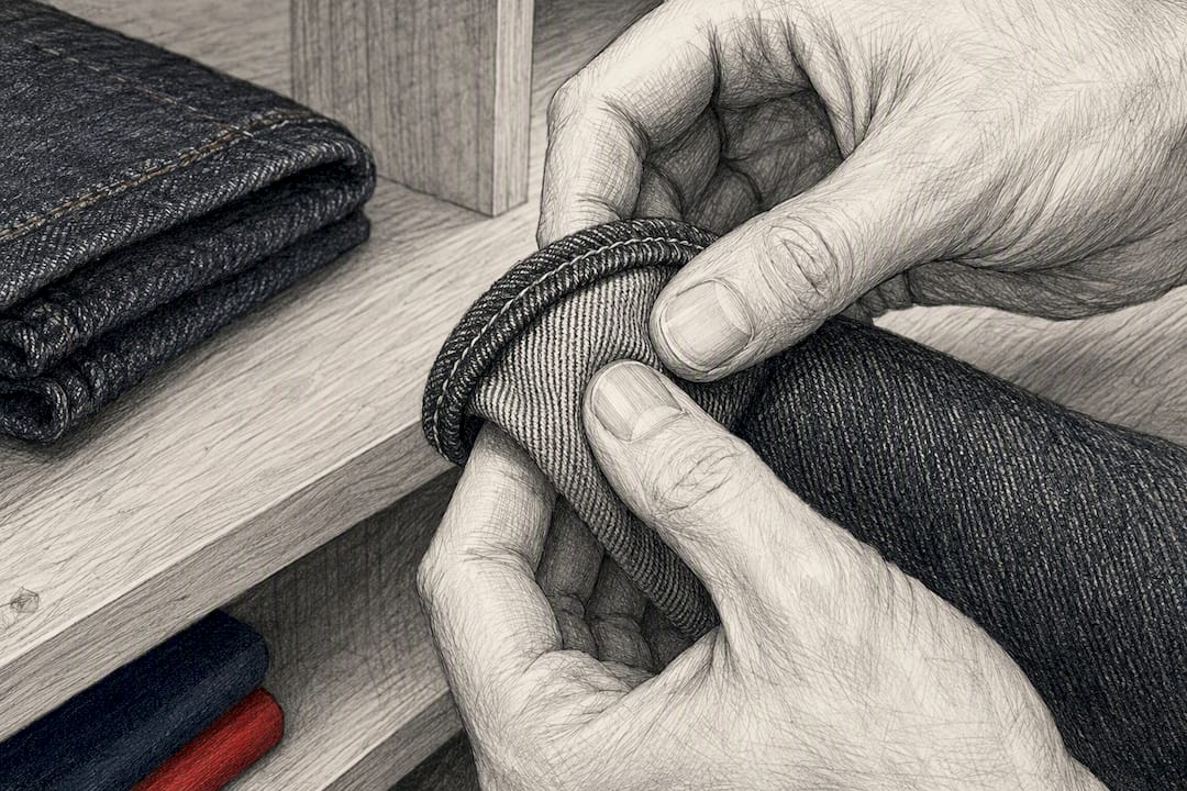 Hands testing heavyweight denim seam texture