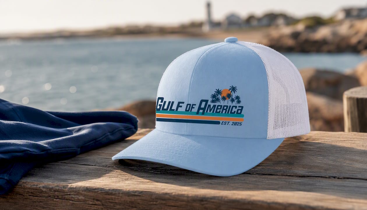 Gulf of America Sunset Palm Trees Mens Embroidered Mesh Back Trucker Hat