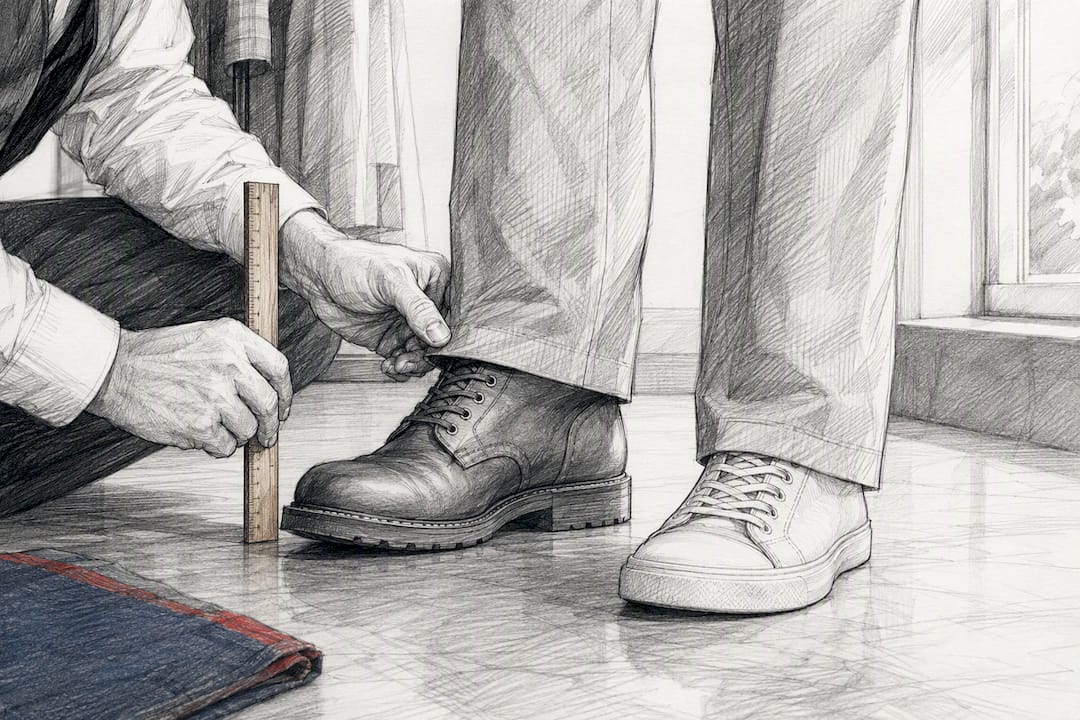 Trouser hem checked beside boots and sneaker