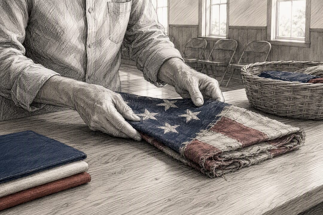 Hands folding a worn flag respectfully